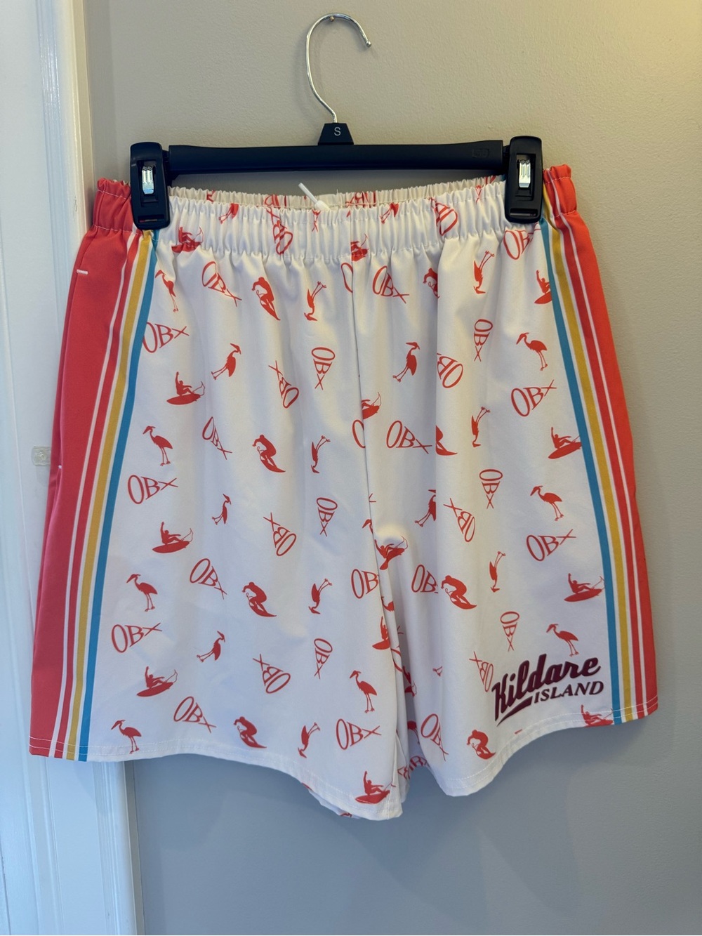 Netflix OBX Swim Board Shorts with Red Flamingo Print and Coral Side Panels